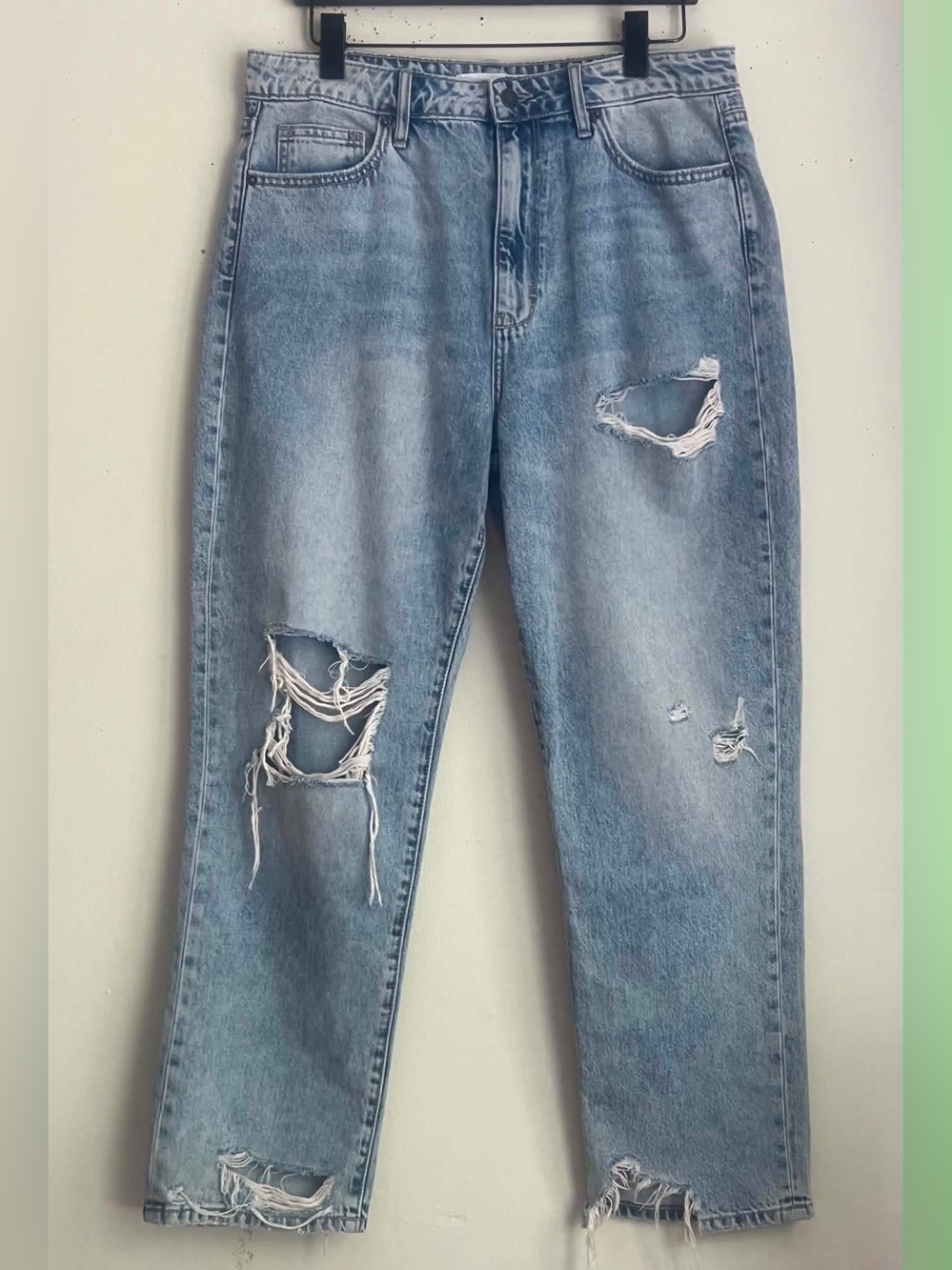 Distressed Light Blue Straight Leg Jeans